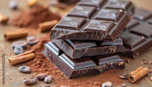 Delicious dark chocolate pieces surrounded by cocoa powder and cinnamon sticks on a dark background