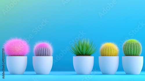 A row of c olorful cacti in white pots against a blue gradient background, with ample copy space, offering a modern and minimalist design and botanical concept. photo