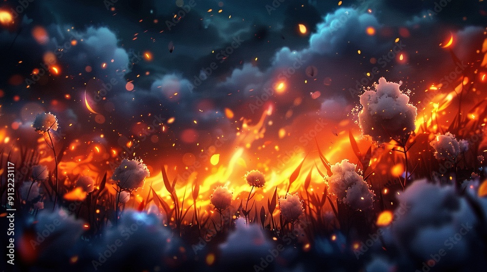 A dandelion field ablaze with fiery smoke as the sun sets in the background A dandelion field ablaze with fiery smoke as the sun sets in the background