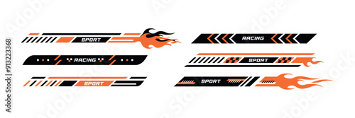 Sport Racing Tuning Stripes Vector Flat Set on White Background. Pattern Design with Arrows, Flame, Burning Fire, Geometric Shapes, Lines for Sport Cars, Moto, Bots. 
