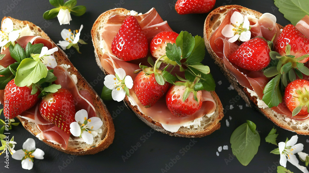 Obraz premium A couple of slices of bread topped with strawberries and adorned with flowers on the side