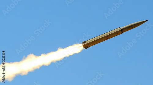 Iranian Kowsar Missile Mid Flight with Contrail Against Blue Sky Military, Rocket, Aerospace, Power, Speed, Weapon Stock Photo for Print, Poster, Digital Use photo