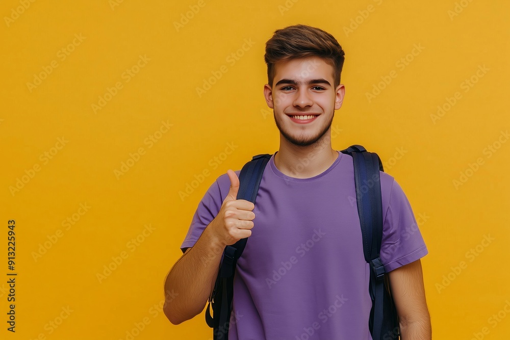 Young Man with Backpack Giving a Thumbs Up Against Yellow Background Young Man with Backpack Giving a Thumbs Up Against Yellow Background