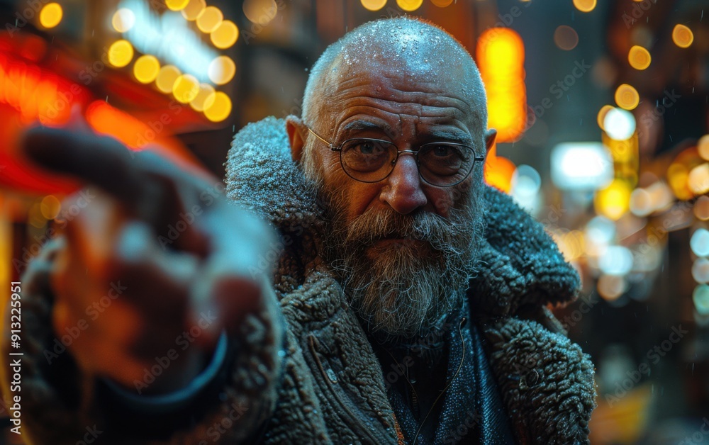 An alien ambassador, resembling an adult Slavic person, gestures with authority in a lively, illuminated urban environment at night An alien ambassador, resembling an adult Slavic person, gestures with authority in a lively, illuminated urban environment at night