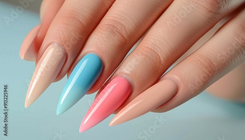 Woman hand with stylish trendy ombre gradient manicure design on blue background