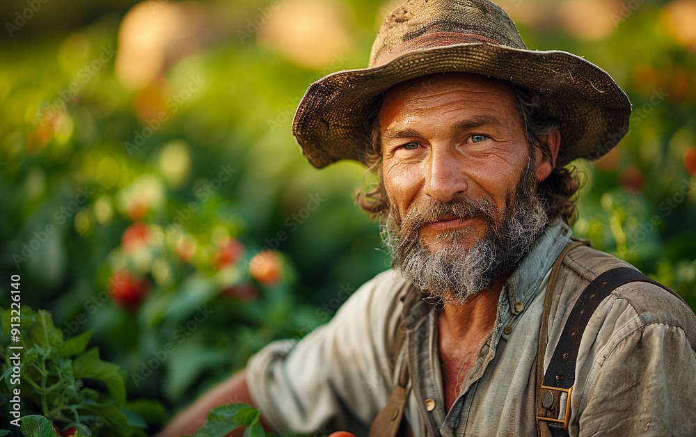 A Slavic person tends to organic crops on a vibrant farm, surrounded by rich greenery during the golden hour of sunset A Slavic person tends to organic crops on a vibrant farm, surrounded by rich greenery during the golden hour of sunset