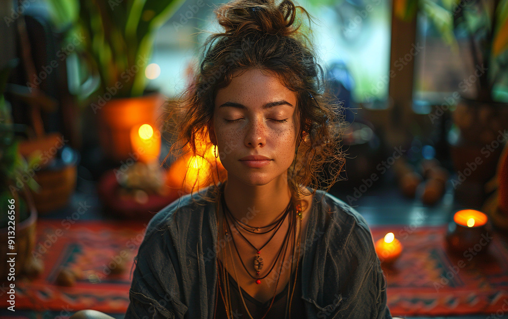 © imagineRbc - An adult Slavic person practices meditation surrounded by candles and natural decor, embodying peace and tranquility during a yoga retreat © imagineRbc - An adult Slavic person practices meditation surrounded by candles and natural decor, embodying peace and tranquility during a yoga retreat