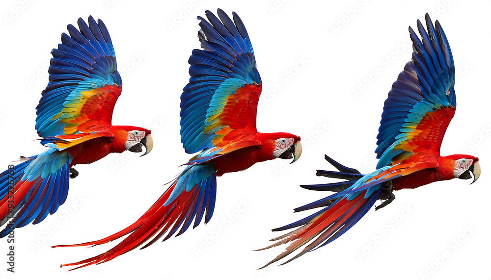 Fototapeta premium Collection of Three Birds (Flying Macaw Parrots Set - Red, Blue, Blue-and-Yellow) – A set o_1(108)