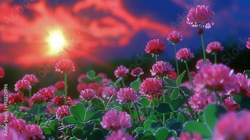  A field brimming with vibrant pink blossoms bathed in the golden glow of twilight skies