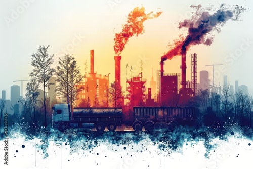 Industrial Landscape With Trucks Under An Orange Sky