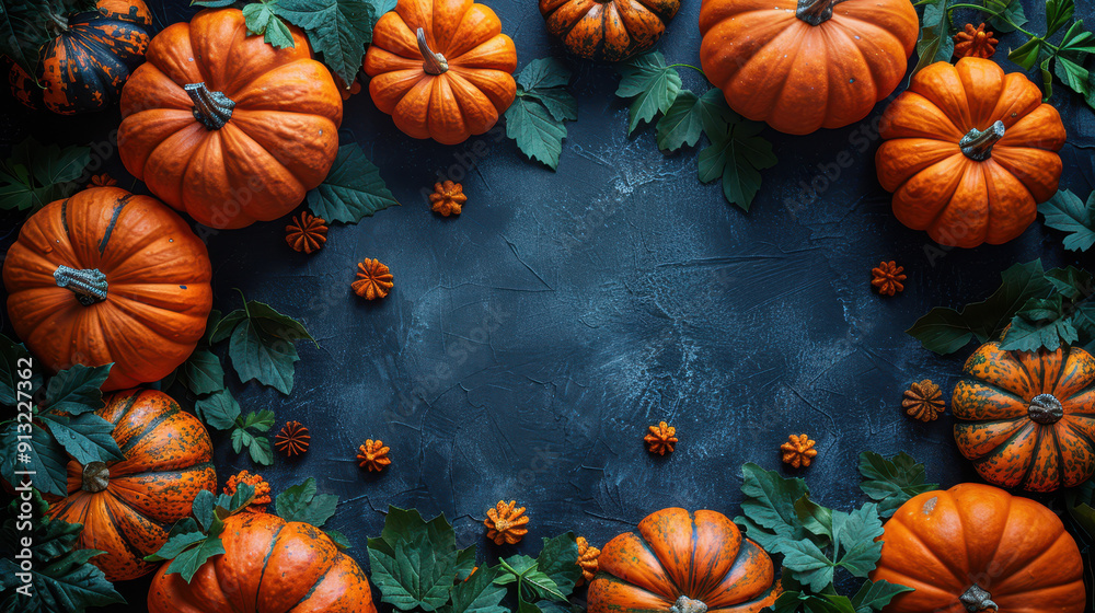 Halloween background with scary pumpkins on a black table, in a top view. Halloween background with scary pumpkins on a black table, in a top view.