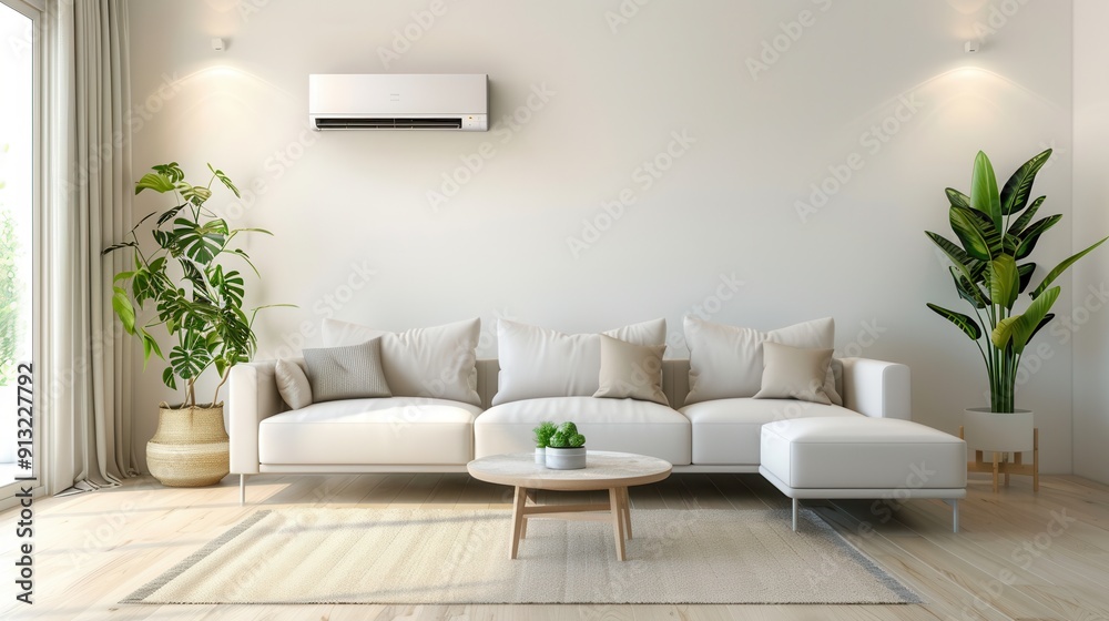 Obraz premium A modern living room showcases a stylish sofa, cozy pillows, and elegant indoor plants, creating a relaxing atmosphere with an air conditioner on the wall. Generative AI