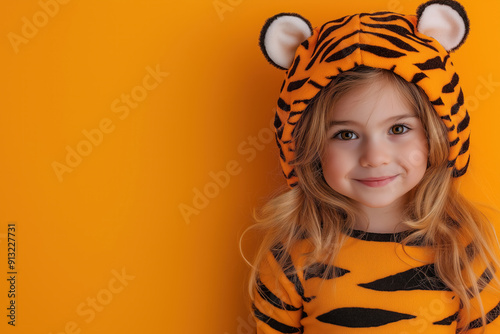 smiling young girl wearing a tiger costume for halloween on orange background