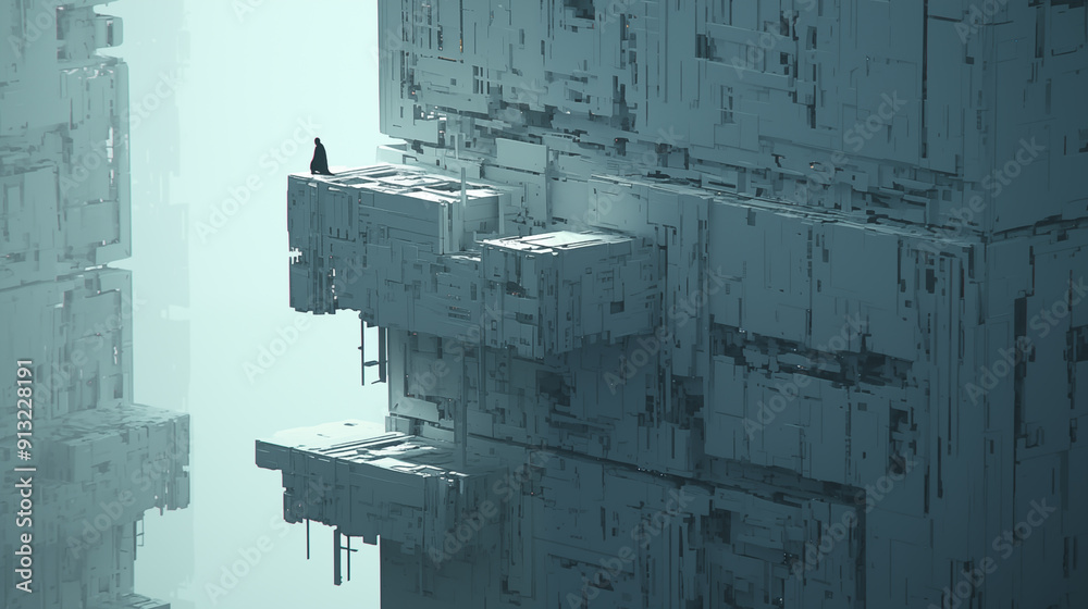 Obraz premium lone figure standing on futuristic platform in sci-fi cityscape