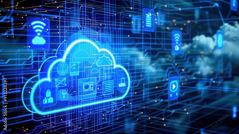 Futuristic cloud computing digital technology with blue glowing icons and data streams. Perfect for tech-related projects. Futuristic cloud computing digital technology with blue glowing icons and data streams. Perfect for tech-related projects.
