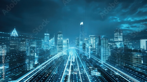 Futuristic city skyline with glowing skyscrapers and digital light trails, showcasing modern architecture and technology.