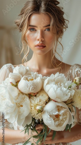 Woman Holding a Bouquet of White Flowers