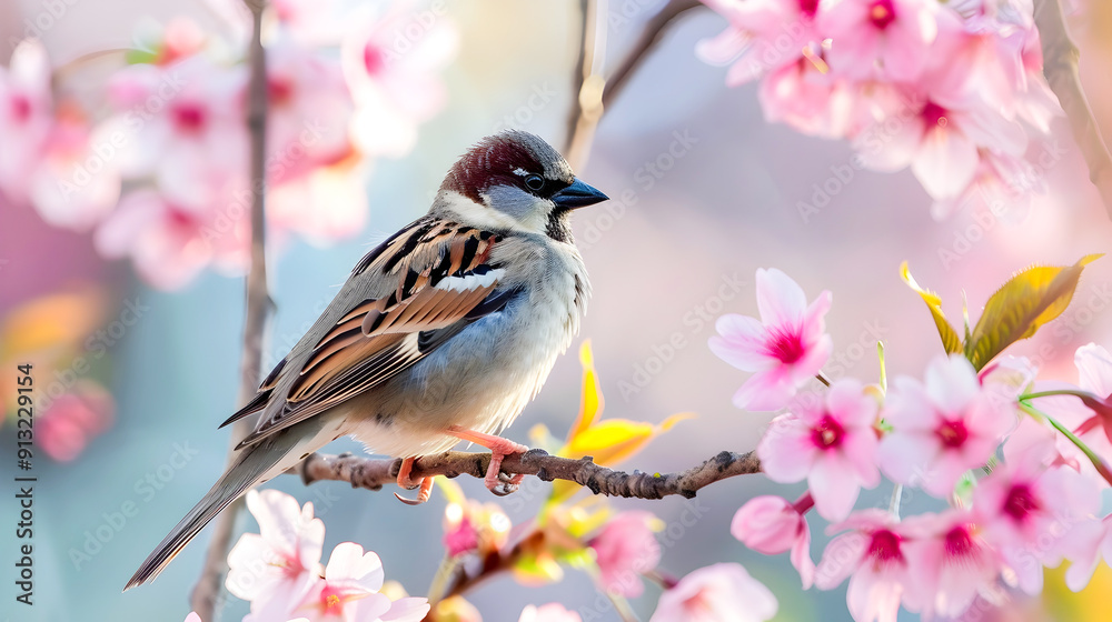 Closeup portrait of a sweet sparrow bird perched on a lush cherry blossom tree branch in warm springtime Closeup portrait of a sweet sparrow bird perched on a lush cherry blossom tree branch in warm springtime