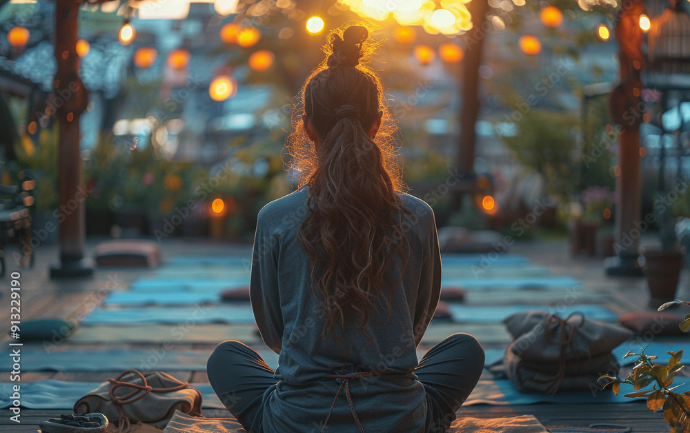 A child guides a group in meditation as the sun sets, filling the outdoor space with warm light and tranquility A child guides a group in meditation as the sun sets, filling the outdoor space with warm light and tranquility