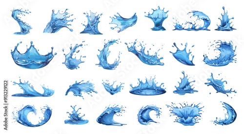 Cartoon water splashes and waves set. Vector fresh liquid flows with drops, aqua stream, circle ripples, puddles and splats