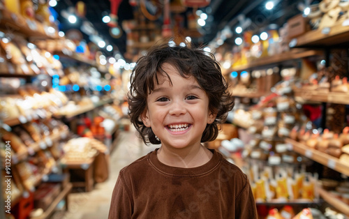 A young child enjoys a culinary tour, surrounded by colorful food products and cheerful ambiance in a lively market