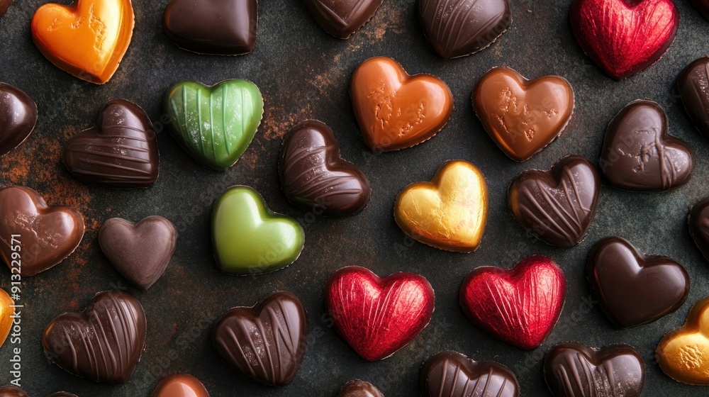 Heart-shaped wrapped chocolates were used to create a design for colorful almond candies.upper view Heart-shaped wrapped chocolates were used to create a design for colorful almond candies.upper view