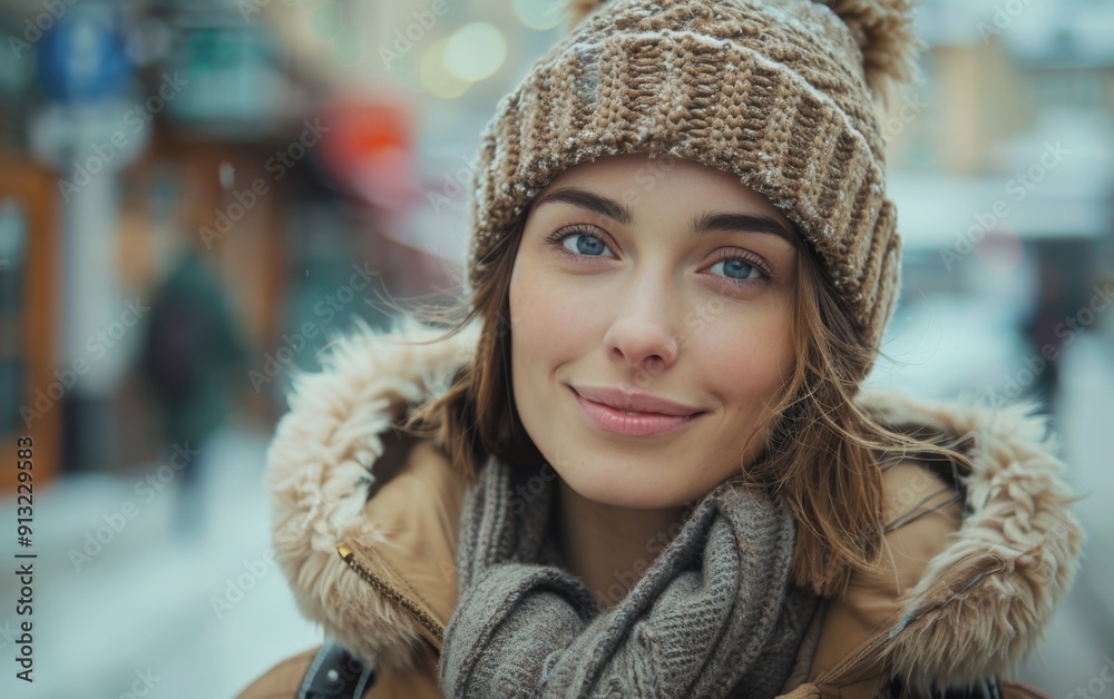 A young woman in a cozy hat strolls down a bustling street, surrounded by winter scenery and cheerful passersby A young woman in a cozy hat strolls down a bustling street, surrounded by winter scenery and cheerful passersby