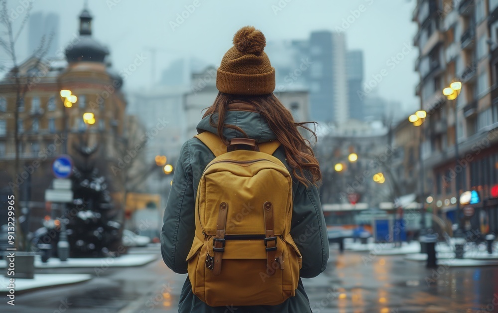 Fototapeta premium A young woman walks through a city street, wearing a yellow backpack and a warm hat, amidst a rainy winter day
