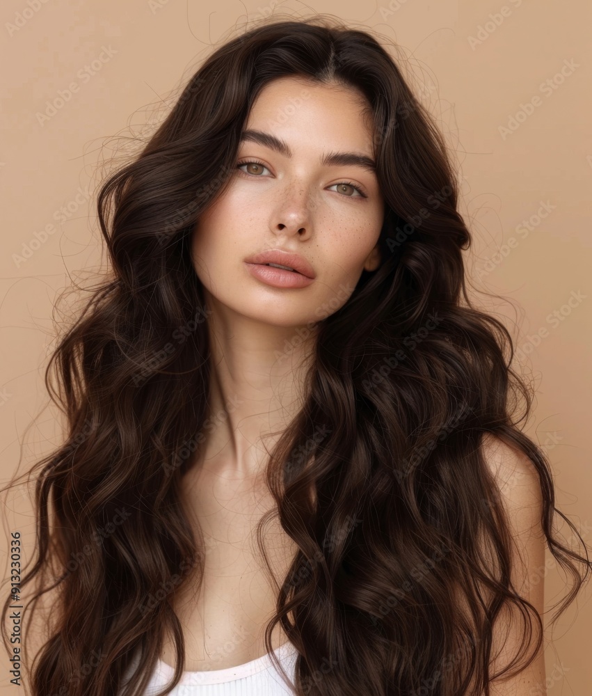 Confident Woman with Long Wavy Hair Posing with Beauty and Skin Care Products, Attractive Model with Medium-Length Dark Brown Hair on a Neutral Background Confident Woman with Long Wavy Hair Posing with Beauty and Skin Care Products, Attractive Model with Medium-Length Dark Brown Hair on a Neutral Background