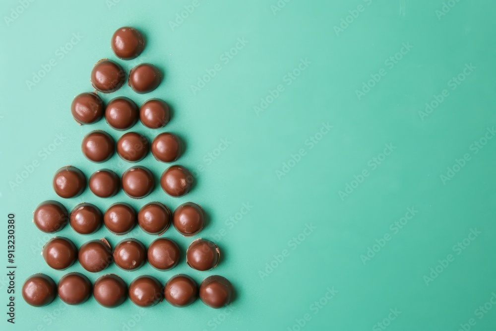 Chocolate truffles arranged in the shape of a Christmas tree with a star on top, on a green background, creating a festive and delicious holiday treat. Chocolate truffles arranged in the shape of a Christmas tree with a star on top, on a green background, creating a festive and delicious holiday treat.