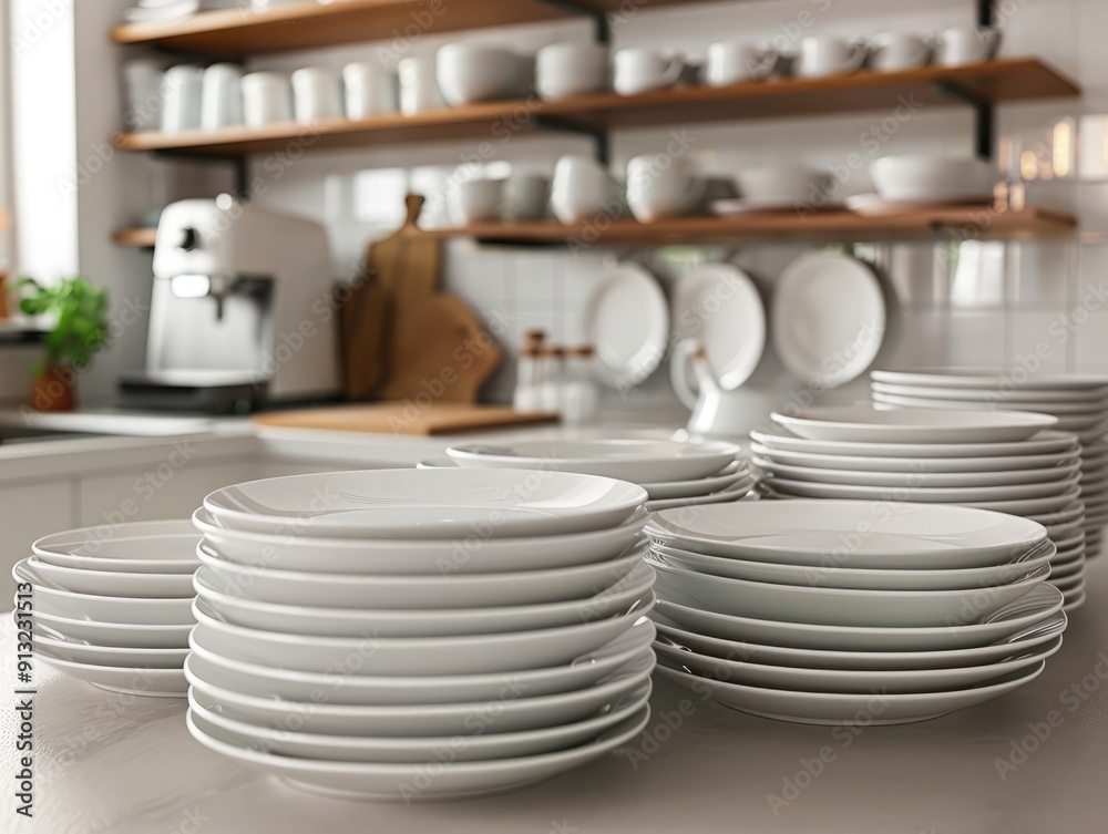 Elegant kitchen countertop with plates and storage jars. Elegant kitchen countertop with plates and storage jars.