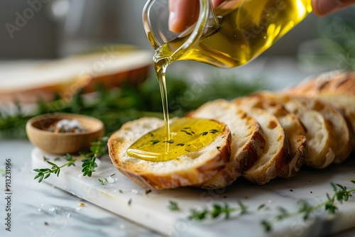 Pouring Olive Oil on Fresh Crusty Bread Slices with Herbs Mediterranean Cuisine Close Up