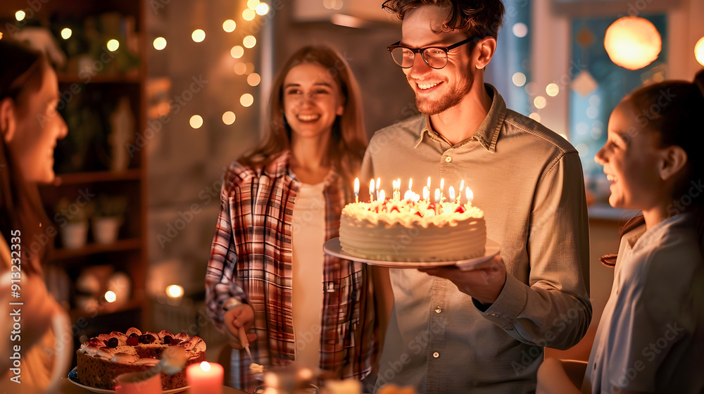 A heartwarming scene of a family gathered together to celebrate a birthday with the birthday person holding a cake with lit candles in front of a surprised and delighted group in a cozy A heartwarming scene of a family gathered together to celebrate a birthday with the birthday person holding a cake with lit candles in front of a surprised and delighted group in a cozy