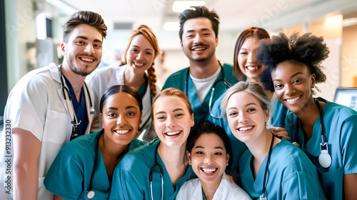 A group of young diverse medical students and nurses standing together and smiling in a hospital or clinic setting showcasing the collaborative positive photo