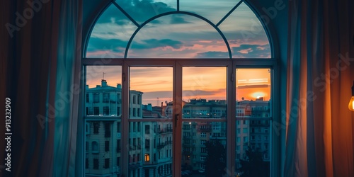 Fototapeta Naklejka Na Ścianę i Meble -  A window view of a city at sunset. The buildings are tall and the sky is filled with clouds. The sun is setting and the light is soft and warm