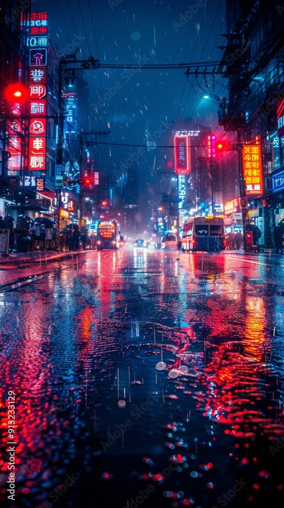 Obraz premium City Street at Night in the Rain