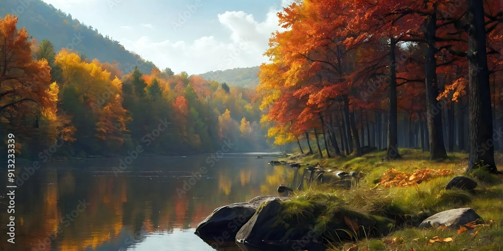 Beautiful lakeside fall woodland scenery, autumn coloured leaves and foliage, seasonal forest background, nature and landscape