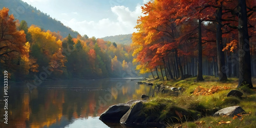 Obraz na płótnie Beautiful lakeside fall woodland scenery, autumn coloured leaves and foliage, seasonal forest background, nature and landscape w salonie