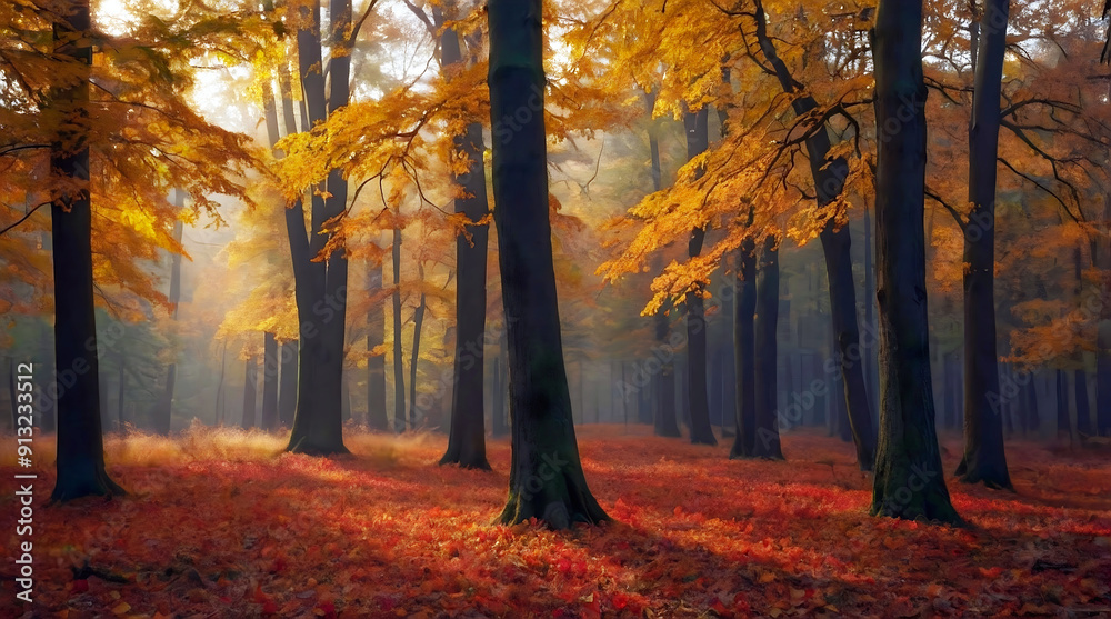 Beautiful fall woodland scenery, autumn coloured leaves and foliage, seasonal forest background, nature and landscape