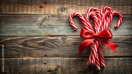 Festive Candy Canes and white striped candy canes tied with a glossy red ribbon on a rustic wooden background. 