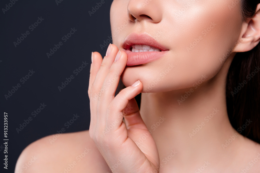 Cropped photo of girl lady touch fingers plump lips isolated dark color background Cropped photo of girl lady touch fingers plump lips isolated dark color background