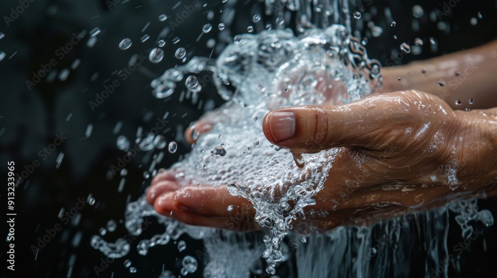 Fototapeta premium Hands Under Flowing Water with Splashing Droplets