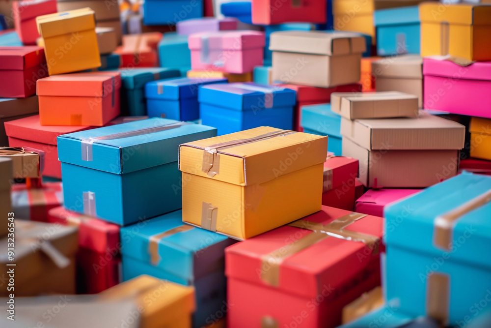 A vibrant banner showcasing a pile of colorful delivery cardboard boxes, highlighting their bright hues and playful arrangement in a visually appealing design A vibrant banner showcasing a pile of colorful delivery cardboard boxes, highlighting their bright hues and playful arrangement in a visually appealing design