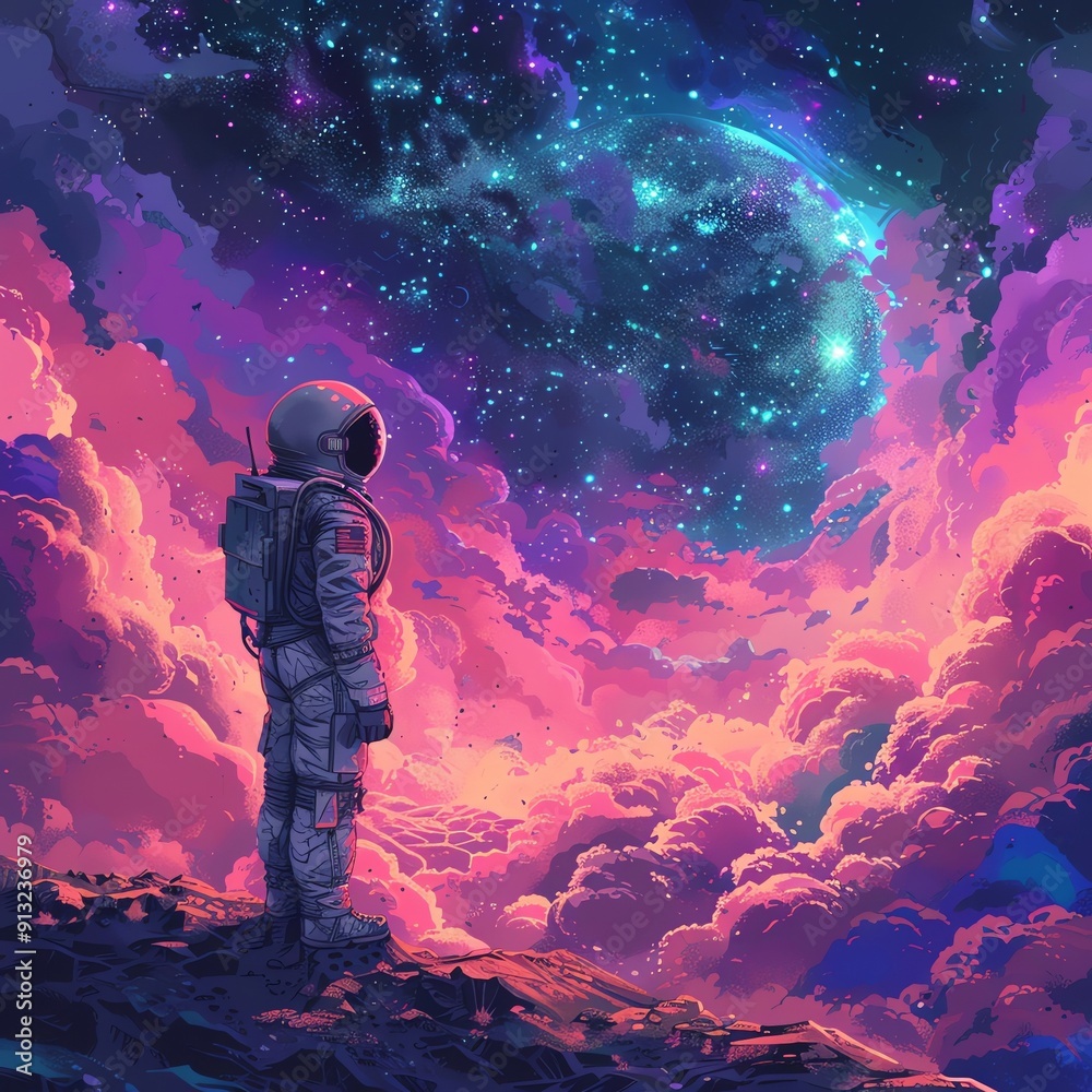 pixel art scene depicting a lone astronaut gazing at a mesmerizing nebula in the Low-angle view Interstellar Medium Utilize a bold color palette and precise pixel placement to convey a se pixel art scene depicting a lone astronaut gazing at a mesmerizing nebula in the Low-angle view Interstellar Medium Utilize a bold color palette and precise pixel placement to convey a se