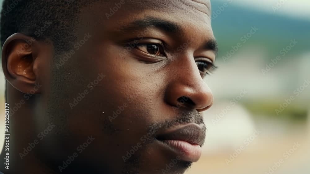 A man thoughtfully observes a picturesque landscape, lost in reflection while surrounded by urban architecture and nature.