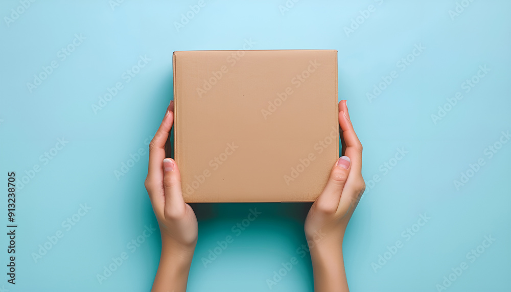 Female hands holding brown ecological package box made of natural corrugated cardboard. Mockup parcel box on light blue background. Top view. Packaging, shopping, delivery concept Female hands holding brown ecological package box made of natural corrugated cardboard. Mockup parcel box on light blue background. Top view. Packaging, shopping, delivery concept