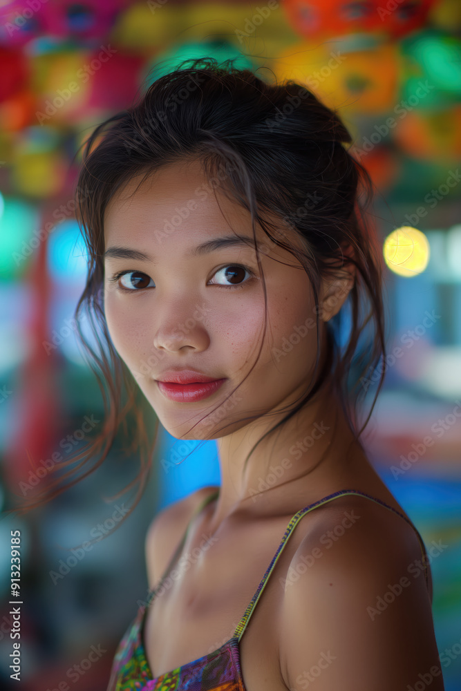 A woman with dark hair and a red lip stands in front of a colorful background A woman with dark hair and a red lip stands in front of a colorful background