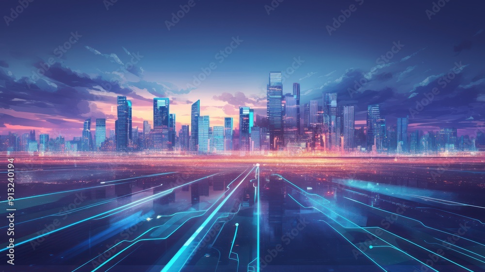 Digital city skyline with lights and data streams, symbolizing the digital era of tall buildings illuminated by light beams in the sky holographic elements