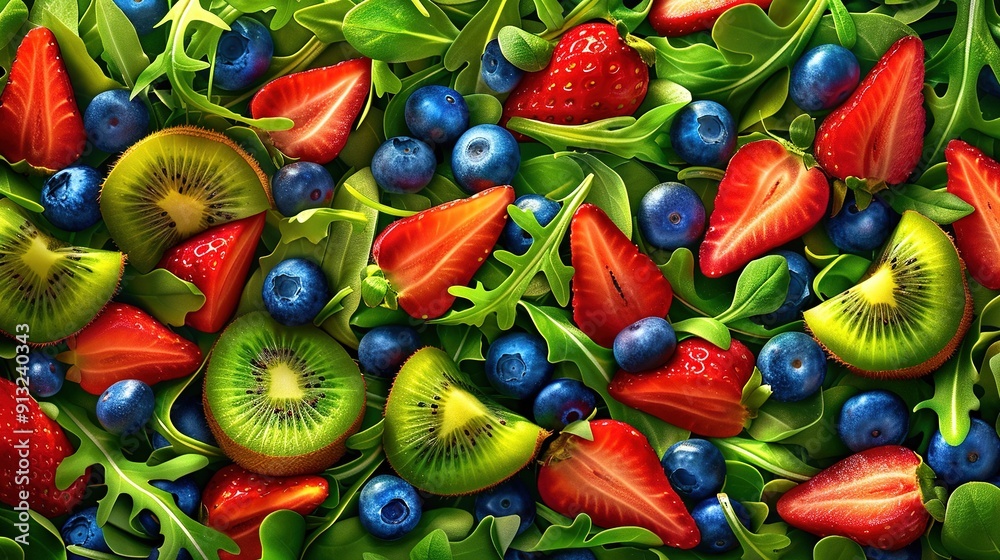   A close-up of a fruit salad featuring kiwis, strawberries, blueberries, and strawberries
