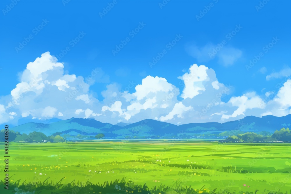 Obraz premium anime style landscape with meadow and blue sky, Panoramic natural landscape with green grass field, blue sky with clouds and mountains in background